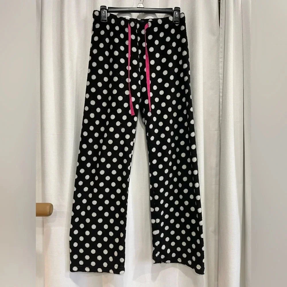 Nomad Kids Polka Dots Pajama Bottoms Fuzzy Pants Xl 14-16 Black White Cozy GUC